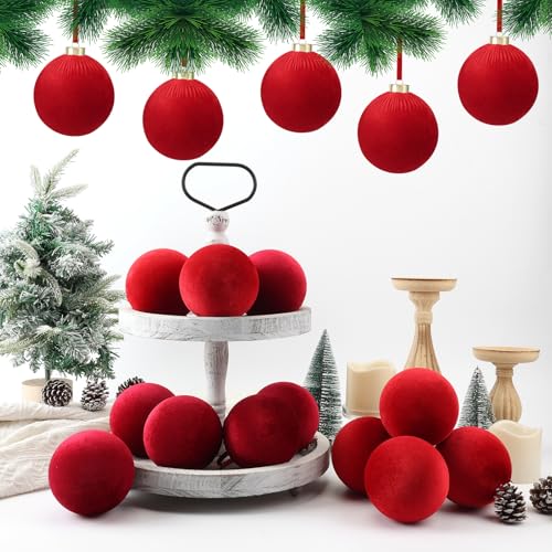 ZenNex 12-Pack Velvet Christmas Ornaments 4 Inch Red Flocked Shatterproof Holiday Decor