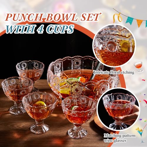Vintage Style 6-Piece Crystal Punch Bowl Set with Ladle & Cups - LemonRoad