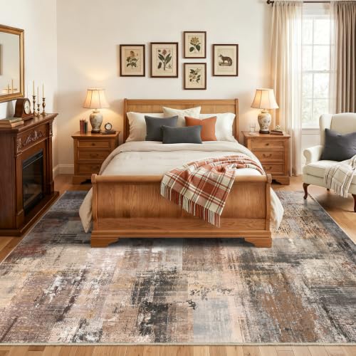 8x10ft Brown Abstract Area Rug - Non-Slip Low Pile Carpet for Living Room