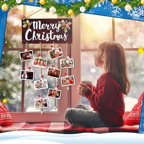 Brown Christmas Card Holder with 30 Snowflake Clips – Wooden Photo Display