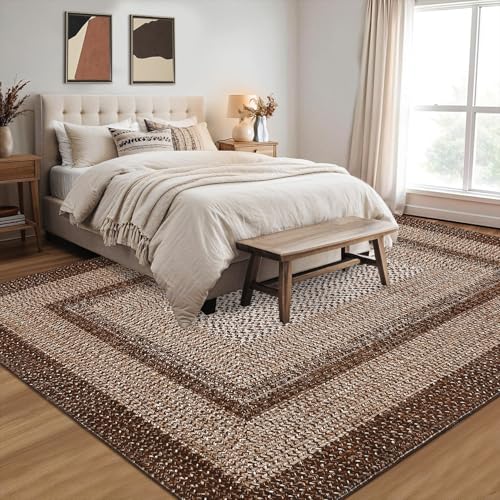 Brown Washable Geometric Rug 5x7 - Farmhouse Braided Print, Non-Slip, Low Pile
