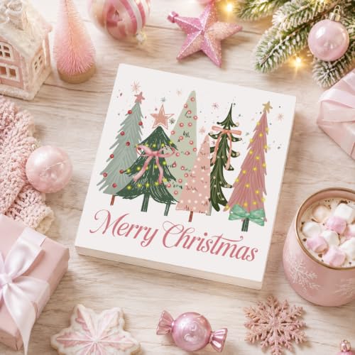FXEFXE Merry Christmas 5x5 In Wooden Box Sign – Pink Coquette Bow Desk Decor