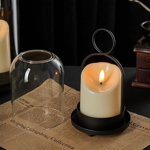 Black Metal Candle Holder with Glass Dome & Timer Candles - Set of 2