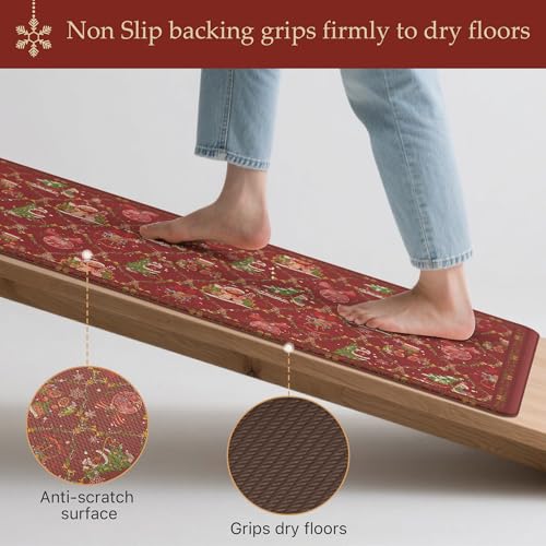 GENIMO Christmas Kitchen Rugs Set 2PCS Waterproof Anti-Fatigue Floor Mats, Red, 17.3x59 & 17.3x30 Inches