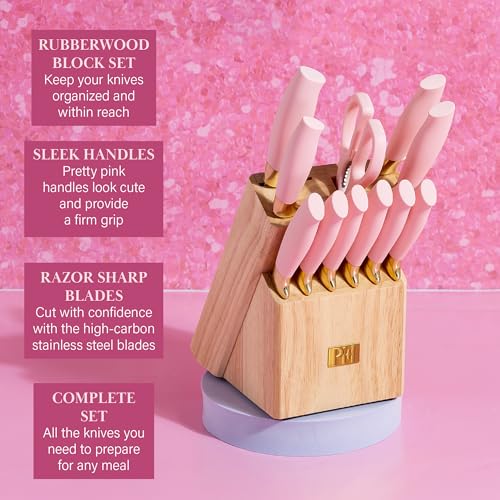 Pink 12-Piece Kitchen Knife Set with Block - High-Carbon Stainless Steel Cutlery