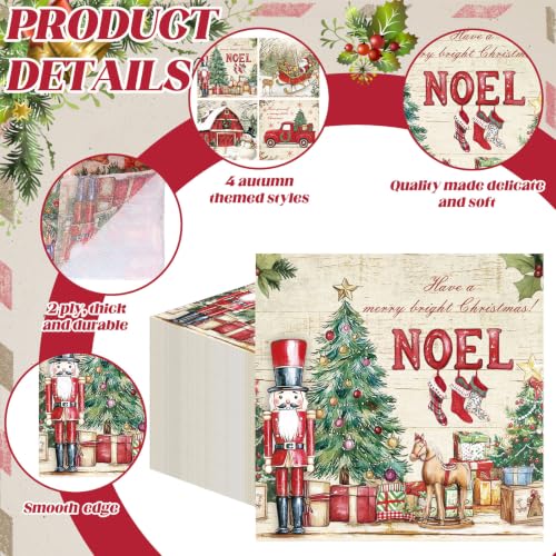 Jainless 200 Pcs Christmas Napkins 4 Styles Nutcracker Santa Snowmen 2-Ply Guest Paper Napkins