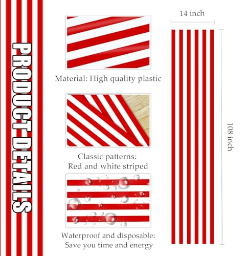 Red Striped Disposable Table Runner - Pack of 12, 14x108 Inch for Party & Wedding