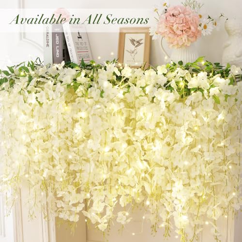 White Wisteria Hanging Flowers Set 40pcs Fake Floral Decor for Weddings & Home
