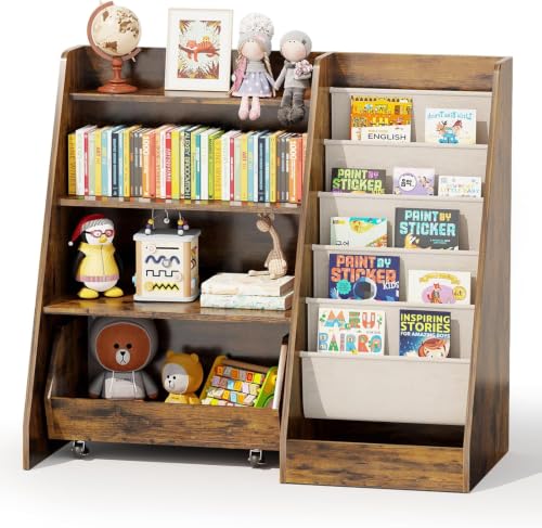 COZPAW Medium Kids Bookshelf Toy Storage Brown 4-Tier Toddler Organizer