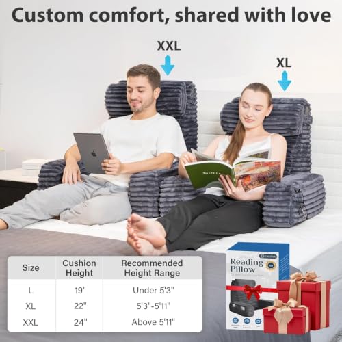 XL Back Pillow for Bed Sitting with Armrests & Large Pockets - Dark Grey