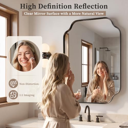 40x30 Inch Bathroom Wall Mirror with Scalloped Frame - Black, HD Shatterproof Glass
