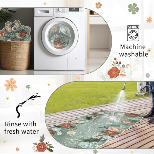 Homcomoda Grass Green Floral Kitchen Rugs 3PC Set Non Slip Washable Floor Mats