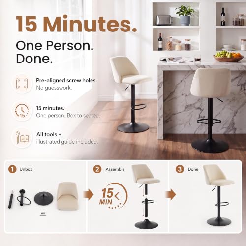 Adjustable Upholstered Bar Stools Set of 2 Beige - 360° Swivel Counter Height Chairs with Stable Metal Base