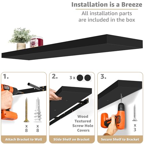 Sorbus Black Floating Wall Shelves 55 Inch, 3 Pack - Modern Home Storage