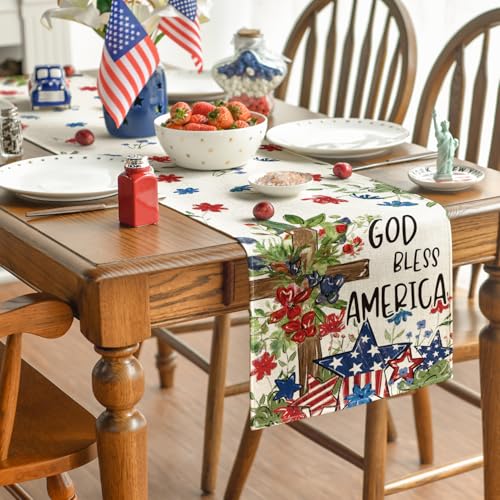 Artoid Mode 13x48in Cross Star Floral 4th of July Table Runner