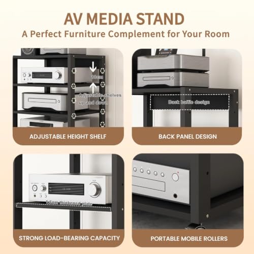 Black 3-Tier AV Media Stand, Heavy Duty Audio Rack Tower, Adjustable Shelves