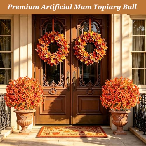 Artificial Fall Mums Topiary Ball Tree with Ground Spike - Orange