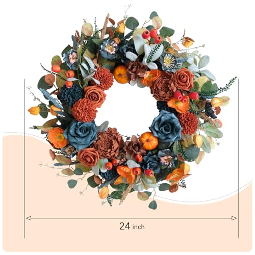 Fall Wreath Handmade Autumn Front Door Decor - Blue, Orange Hydrangeas & Pumpkins - Wreath Variation