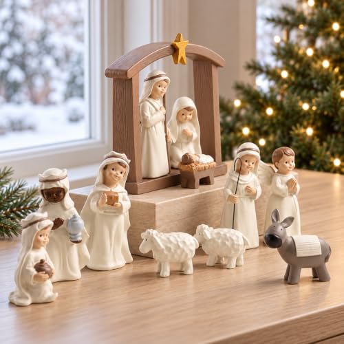 S/12 Nativity Set - Cream Resin Holy Family Christmas Figurines Collection