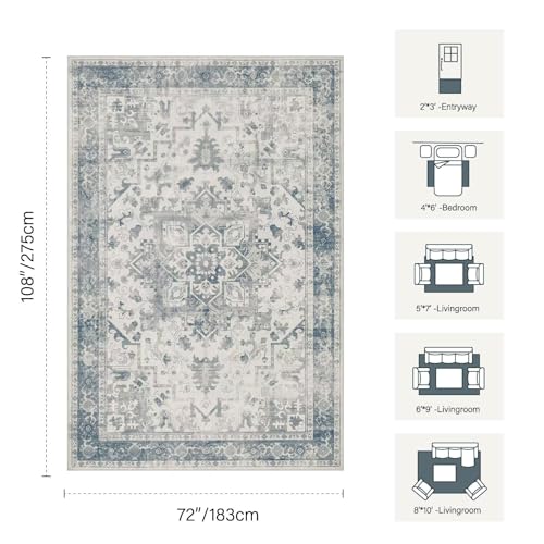Rugxara 6x9 Blue Grey Washable Area Rug - Boho Vintage Style, Non-Slip Backing, Low-Pile, for Living Room & Bedroom - Rectangle