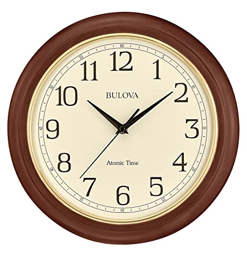 Large Bulova Atomic Time 2 Wall Clock - 12.4" Classic Wooden Frame, Auto Time Set
