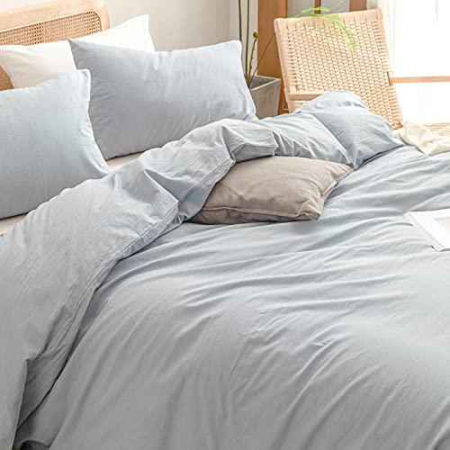 BESTOUCH Cotton Solid Duvet Cover Set Queen Cornflower Blue Linen Feel 90x90