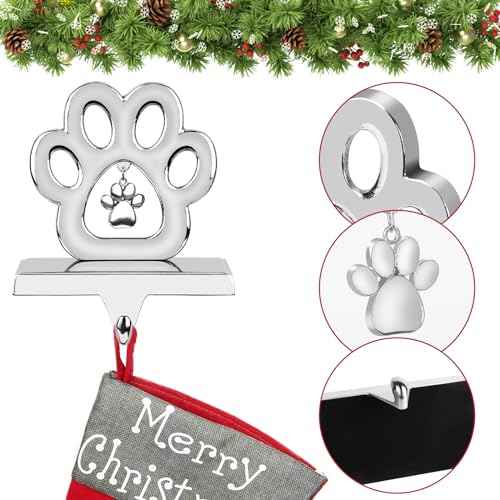 Hooqict 3D Dog Paw Christmas Stocking Holder with Pendant for Mantel Silver Metal Pet Paw Fireplace Decorations Stocking Holder Christmas Stocking Hanger for Christmas Decorations Xmas Holiday Supplie