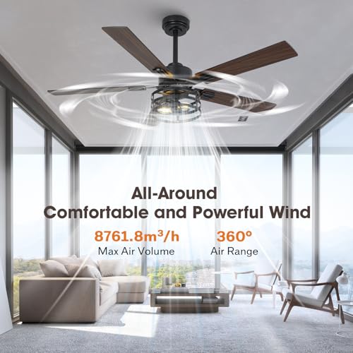 Vaczon 52-inch Farmhouse Ceiling Fan with Light, Maple/Black, 6-Speed DC Motor