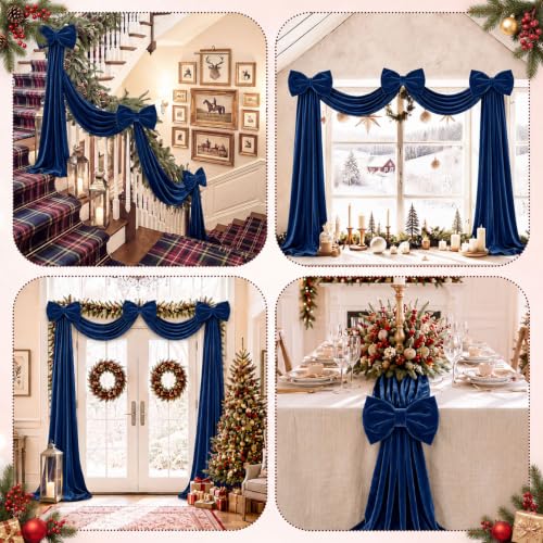 Riceshoot Navy Blue Velvet Bow Garlands - 15.8ft Christmas Mantel Garland with 3 Large Bows