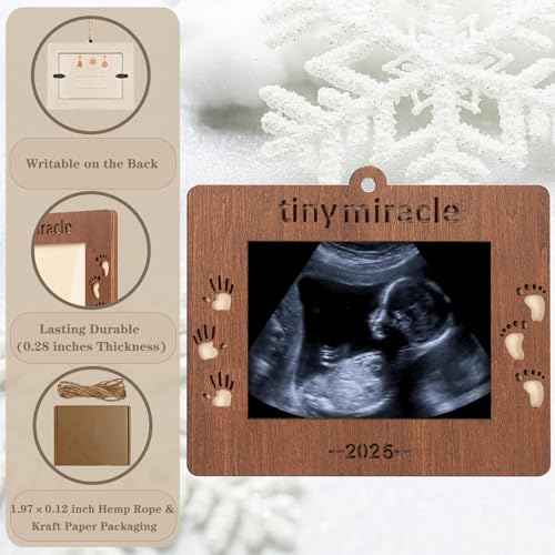 2025 Sonogram Picture Frame Tiny Miracle Ultrasound Christmas Ornament,Baby's First Wooden Christmas Keepsake Christmas Tree Decoration for Expecting Parents and Grandparents