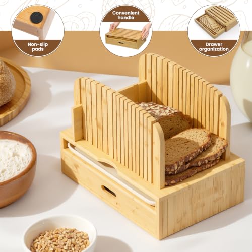 Bamboo Bread Slicer with Adjustable Width Guides - Compact Loaf Cutter for Perfect Home Baked Bread