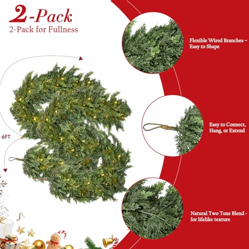 6FT Christmas Garland with Lights - Real Touch Cedar, 2 Pack