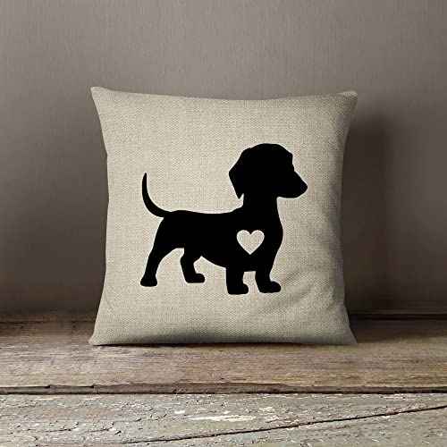 Dachshund Heart Flax Throw Pillow Cover,18 x 18 Inch Decorative Cotton Linen Cushion Cover for Sofa Couch Bed (Dachshund Heart, Flax)