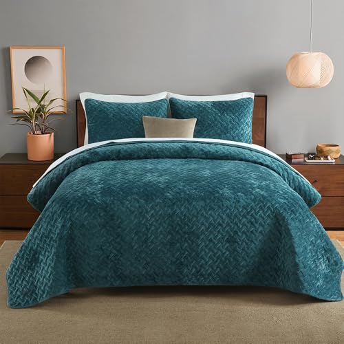 Liians Velvet Bedspread Quilt Coverlet Bedding Set Teal King Size