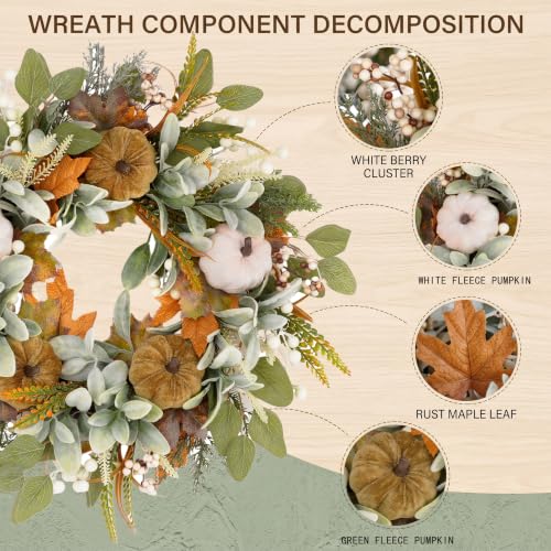 22-Inch Fall Wreath with Artificial Eucalyptus and Velvet Pumpkins - Farmhouse Holiday Door Decor