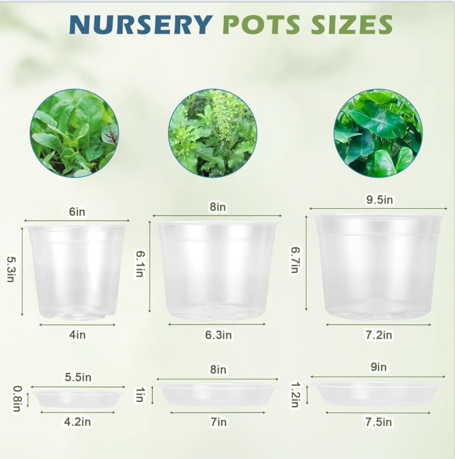 Skiennix Clear Nursery Pots - Large Size with Drainage & Saucers | 9 Pack Plastic Plant Pots for Seedlings
