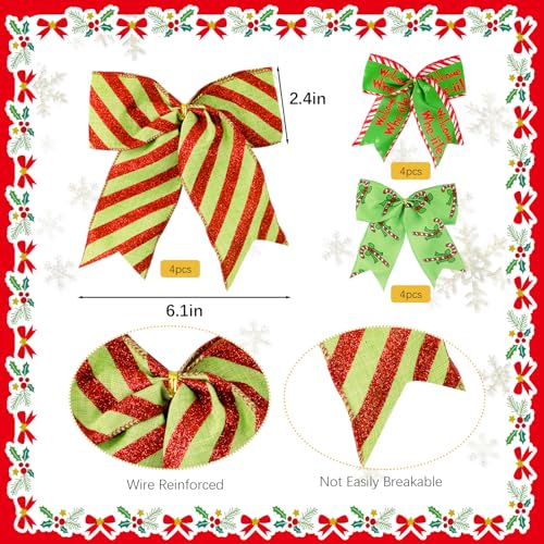 12Pcs Red Green Christmas Bows Decorations for Wreaths & Tree Ornaments
