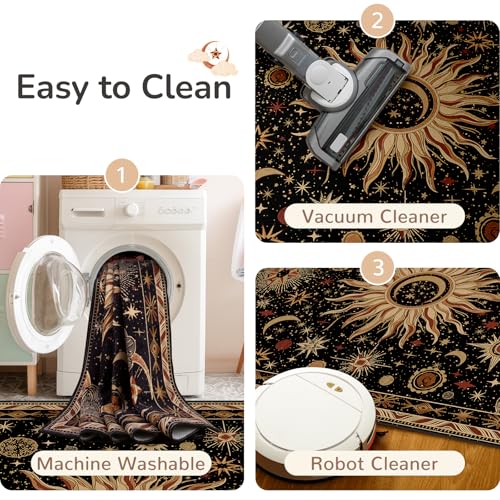 8x10 Washable Area Rug - Black, Gold, Beige, Red - Sun Moon Pattern - Vacuum-Friendly