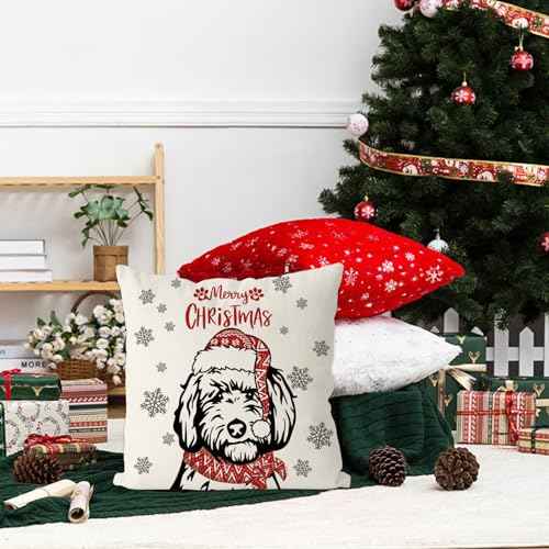 Christmas Pillow Covers 18x18 Inch Golden Doodle Dog Throw Pillow Covers Xmas Winter Pillowcase Dog Christmas Decorations for Living Room Farmhouse Cushion Case
