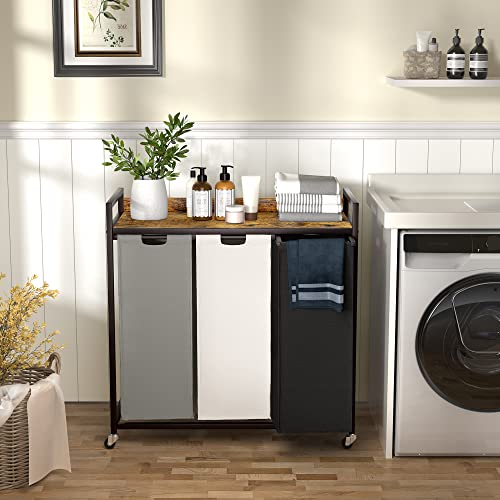 Herture 3-Bag Laundry Sorter with Shelves, 60L Capacity, Rustic Brown - Removable Bags & Wheels