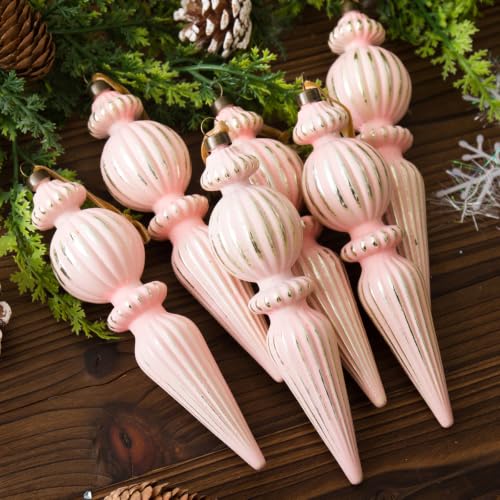 Munansli Pink Vintage Finial Christmas Ornaments, 6Pcs - Shatterproof 5.71in Pink Gold