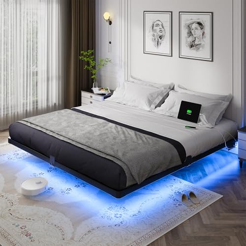 King Size Floating Bed Frame with LED Lights & Charging Station - Metal Support