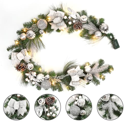 Adeeing 6FT Silver Christmas Garland with Lights, Battery Operated Artificial Rattan, Holiday Indoor Outdoor Decor