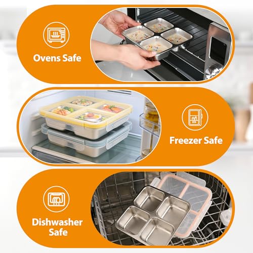 4 Pack Stainless Steel Snack Containers with Lids - 4-Compartment Leakproof Bento Boxes - Reusable Dishwasher Safe Food Storage - Variation: 4pack-a