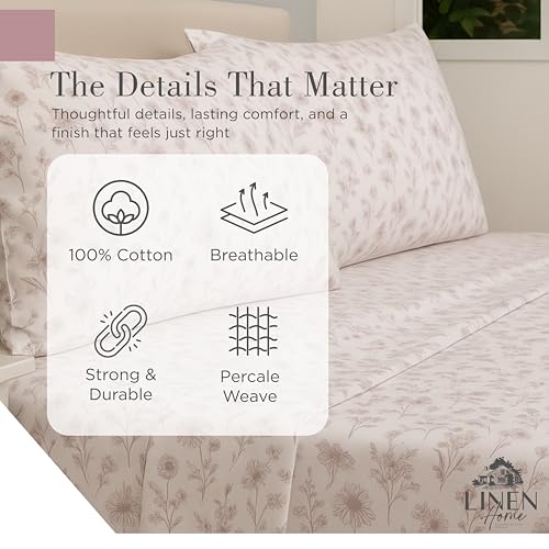 Floral Print Queen Linen Sheets Set - 100% Cotton, Mauve Botanical
