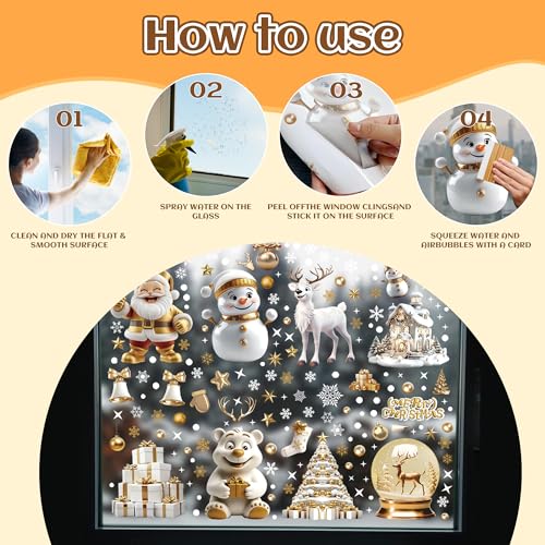 198pcs 3D Gold Christmas Window Clings for Glass Windows, White Snowflake Santa Claus Double-Sided Reusable Holiday Window Stickers for Home,Cafe,Mall Glass Door,Office,Party Christmas Decorations