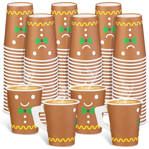 Gingerbread Man Christmas Paper Coffee Cups with Handles, 120 Pack