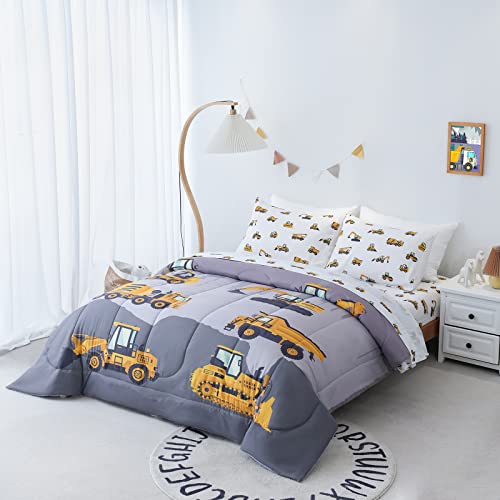 Twin Size Construction Trucks Comforter Set - 4-Piece Bed in a Bag for Boys - Truck Cars Design