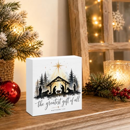 Christian Nativity Wooden Box Sign - Jesus Holiday Decor, 5x5 in
