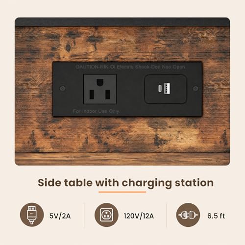 GRUSIGN Rustic Brown End Table with Charging Station, Flip Top Drawer & Storage